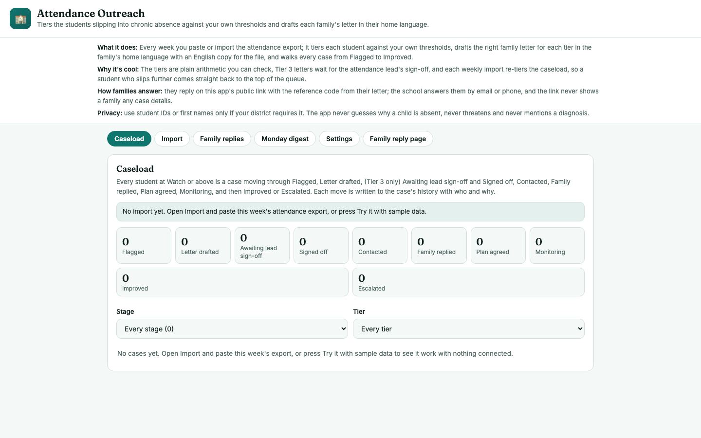 Attendance Outreach: the app's first screen