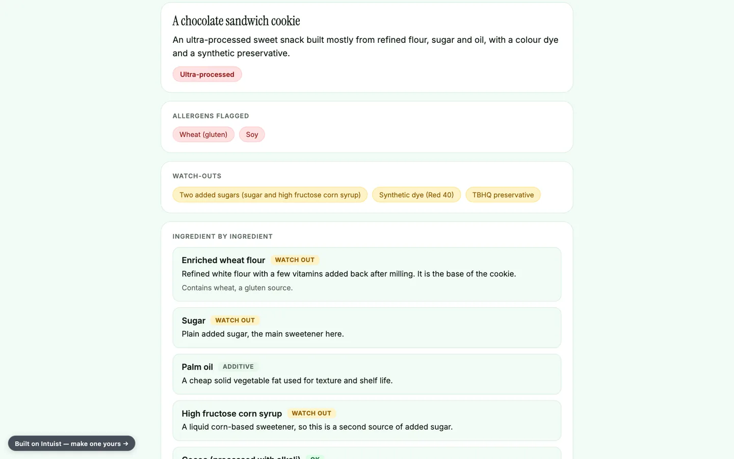 The AI Ingredient Label Decoder app explaining a chocolate sandwich cookie: marked ultra-processed, wheat and soy flagged as allergens, three watch-outs, and a line for each ingredient.